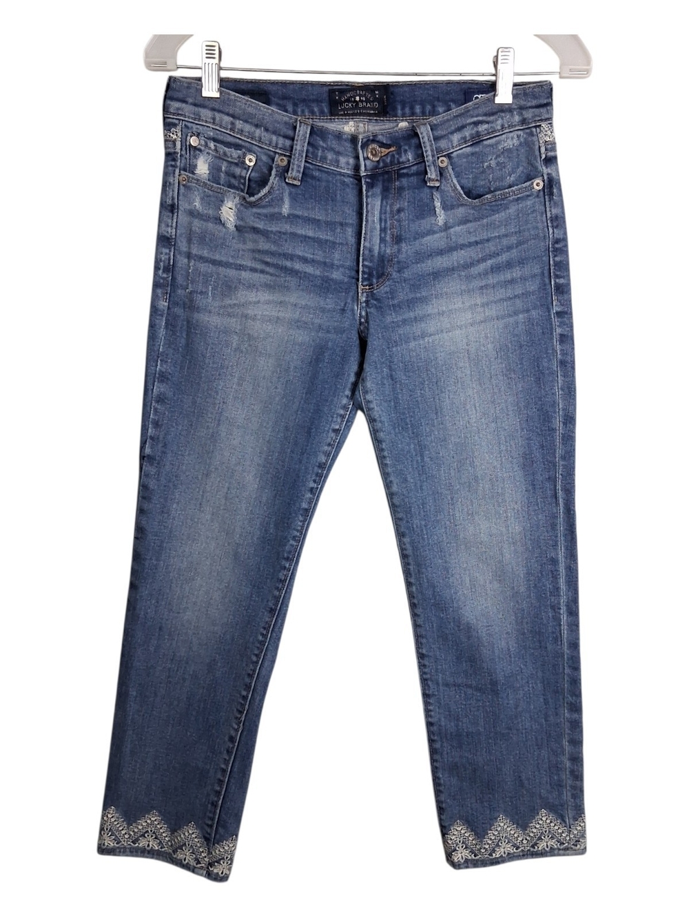 Lucky Brand Sweet Crop Jeans Womens 2/26 Mid Rise Embroidered Hem Blue Denim Cut